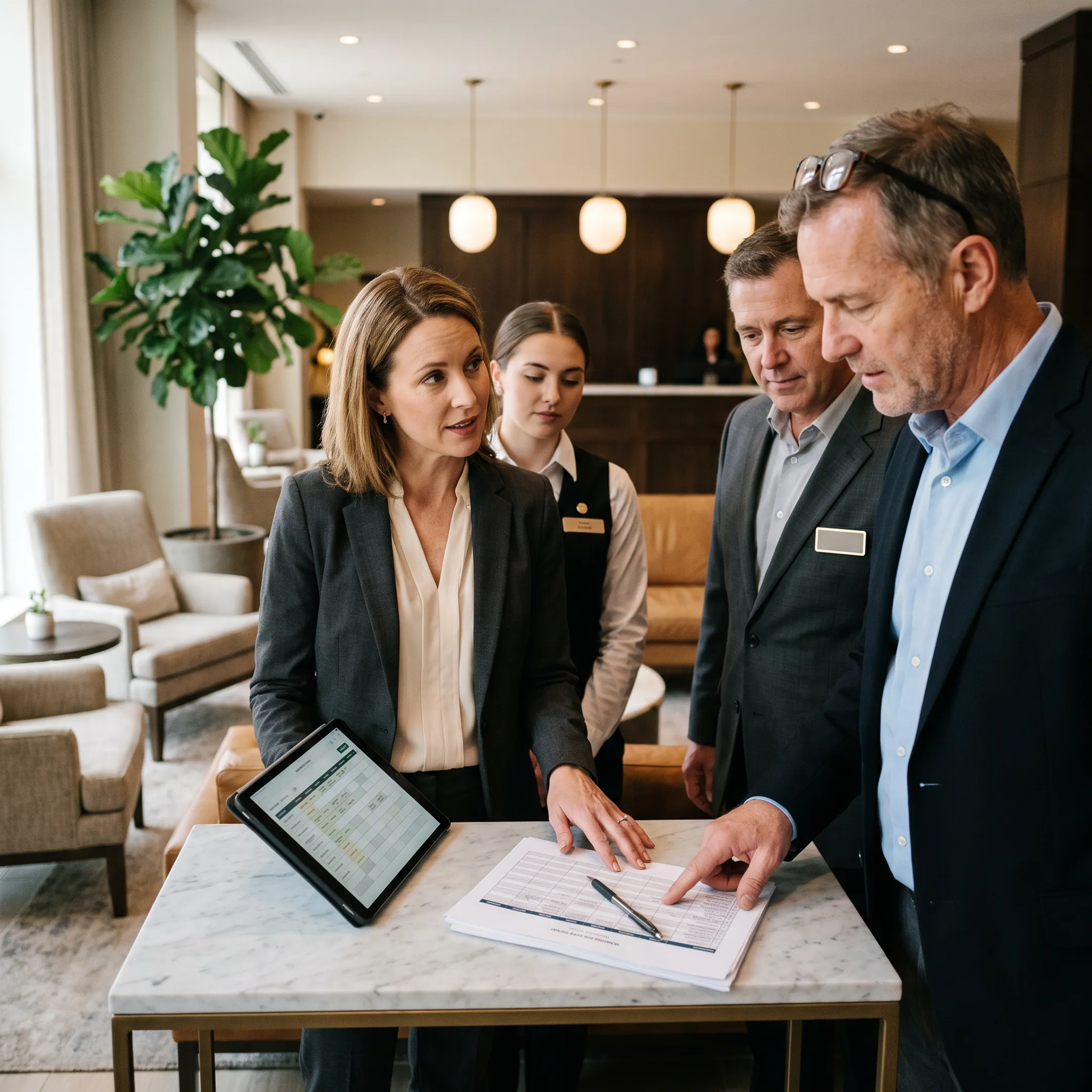 Hospitality manager reviewing HR plans with team