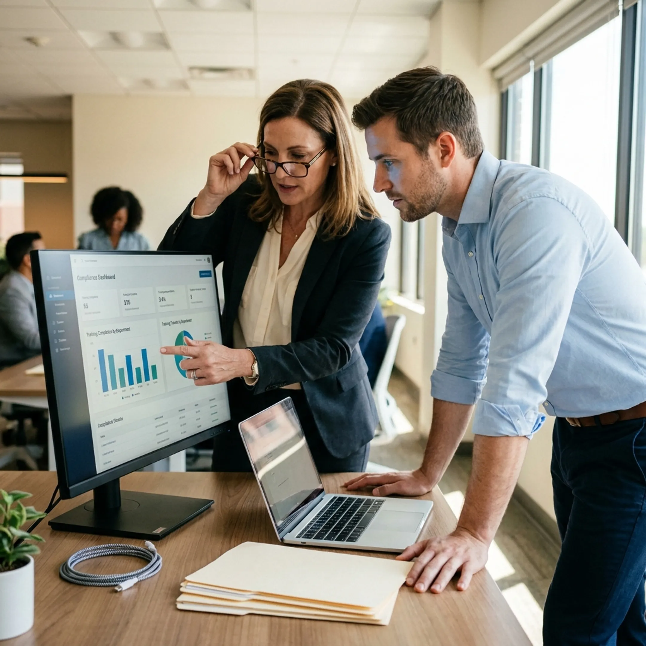 Pharmaceutical HR team reviewing digital compliance dashboard