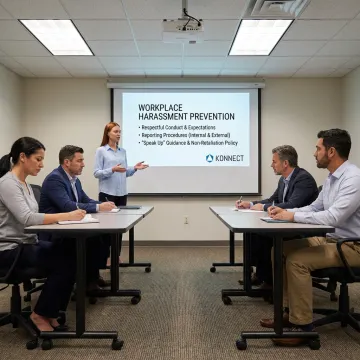 Employees participating in workplace harassment prevention training