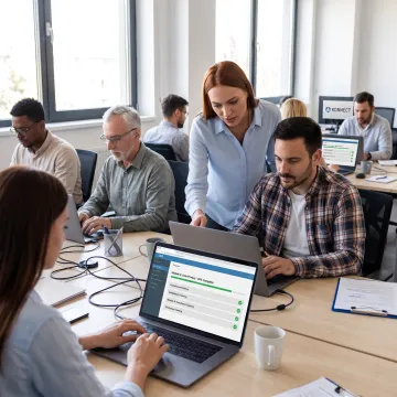 Employees reviewing training content in a learning management system