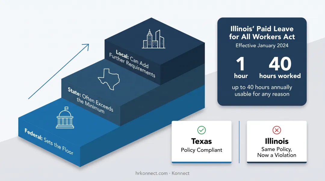 Federal state and local HR compliance layers with Illinois paid leave example