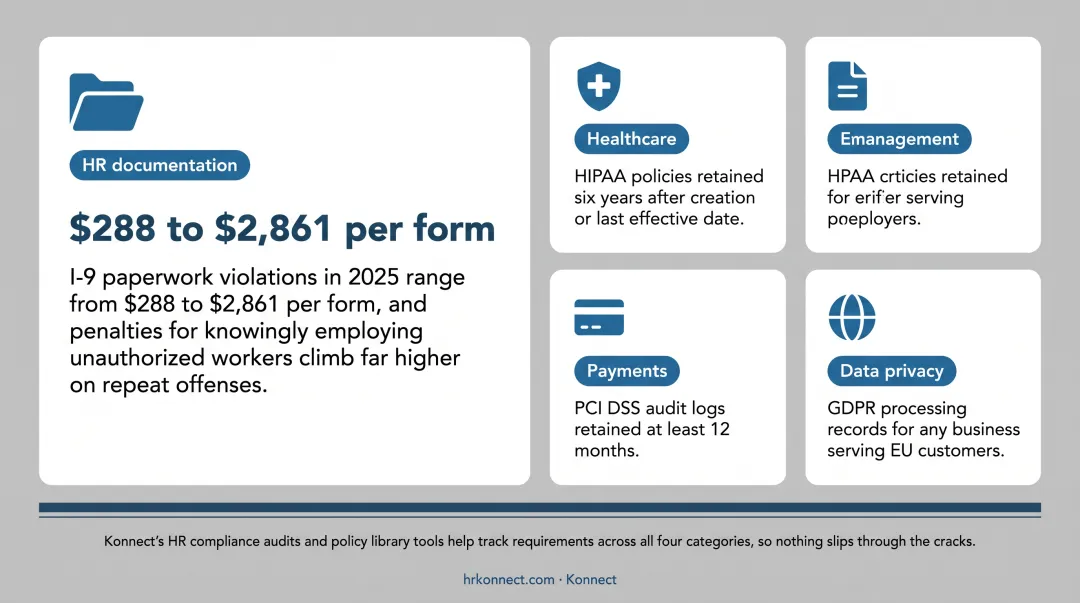 Industry compliance document retention periods HIPAA PCI GDPR timeline infographic