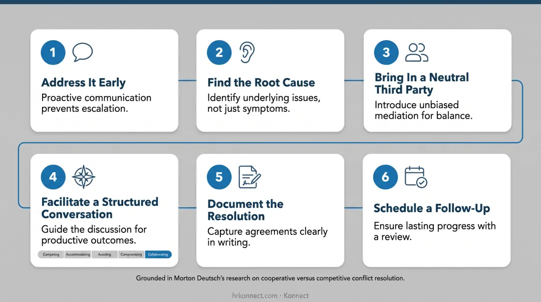 6-step workplace dispute resolution process from early conversation to follow-up