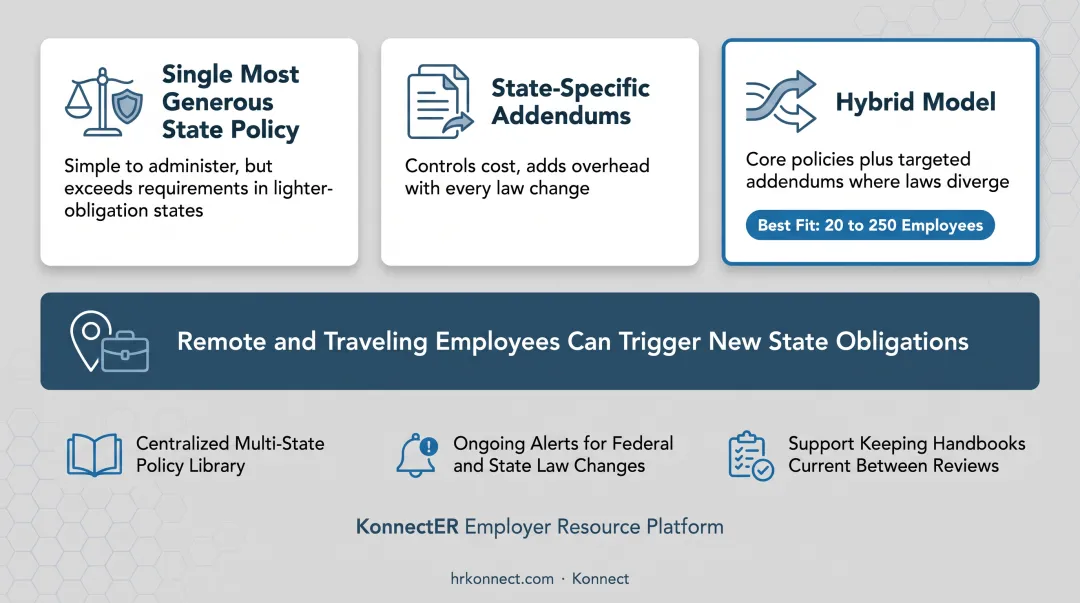 Three multi-state employee handbook compliance strategy models compared