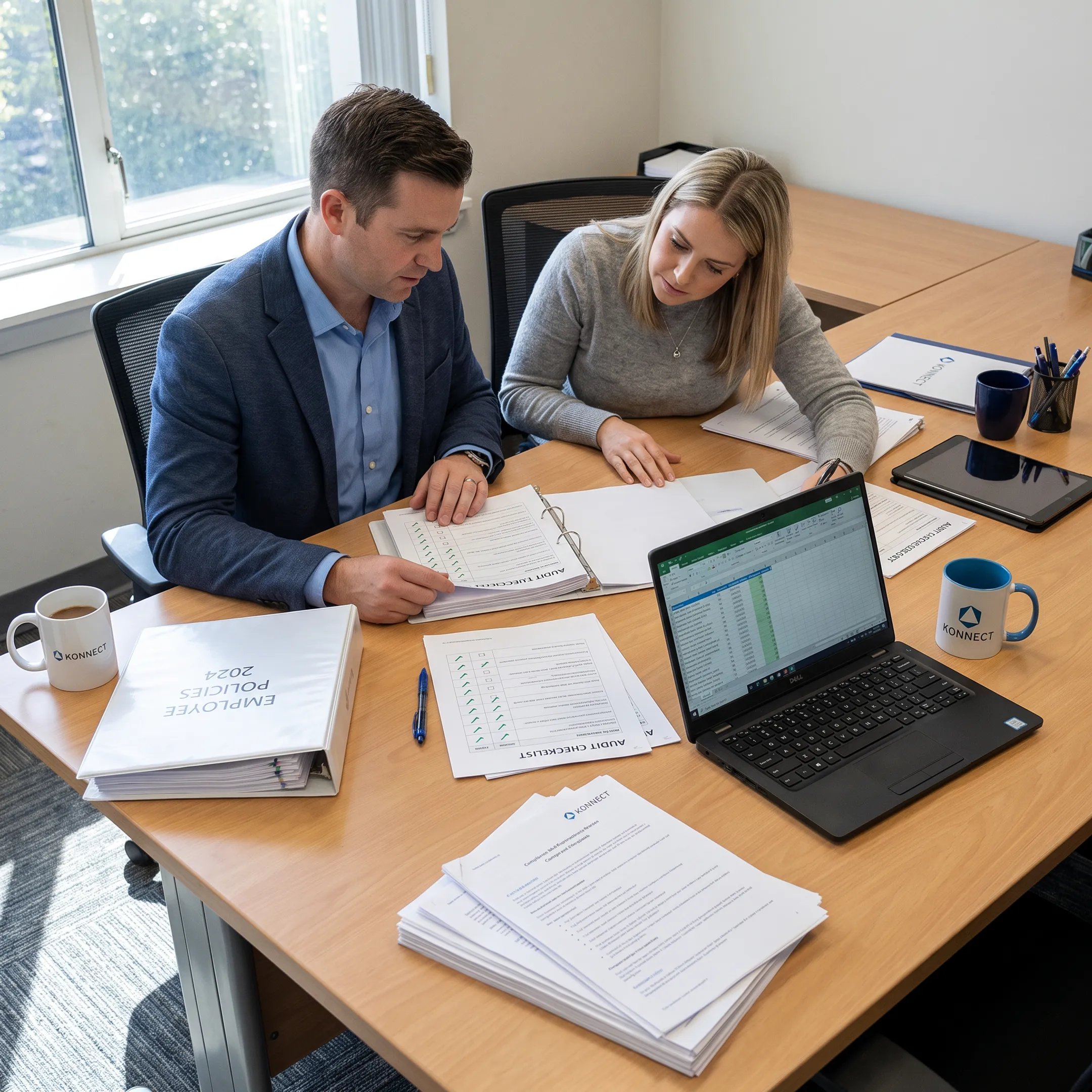 HR professional reviewing compliance documents with a business leader