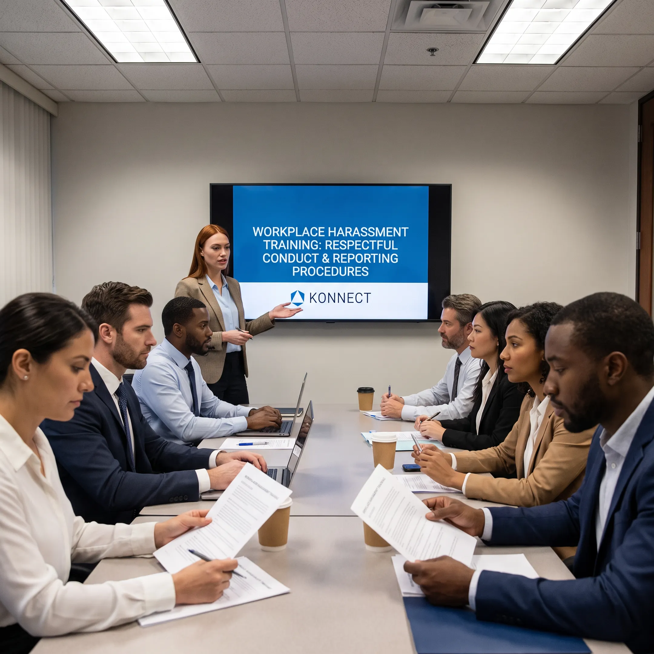 Employees participating in workplace harassment training