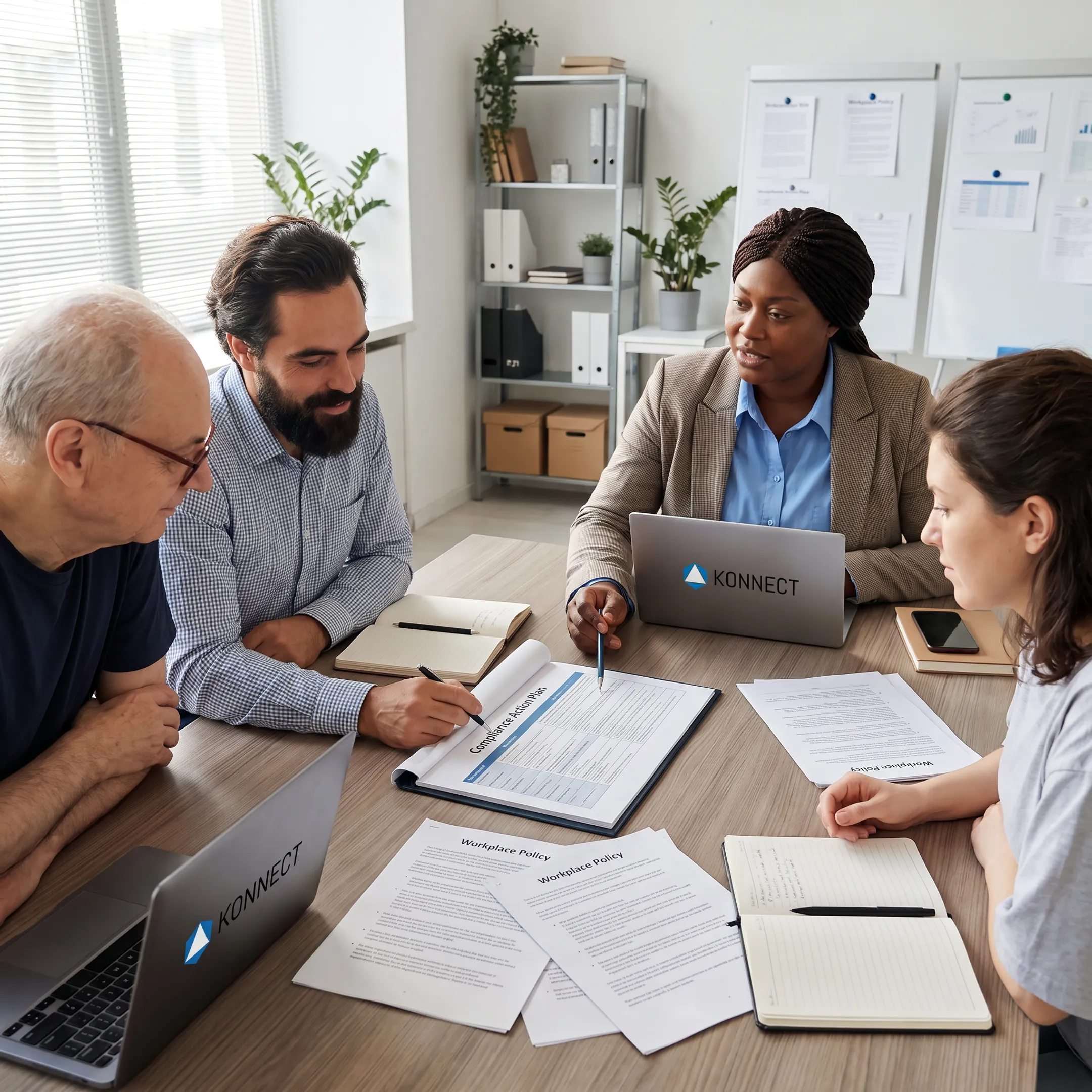 Business team reviewing workplace compliance plan