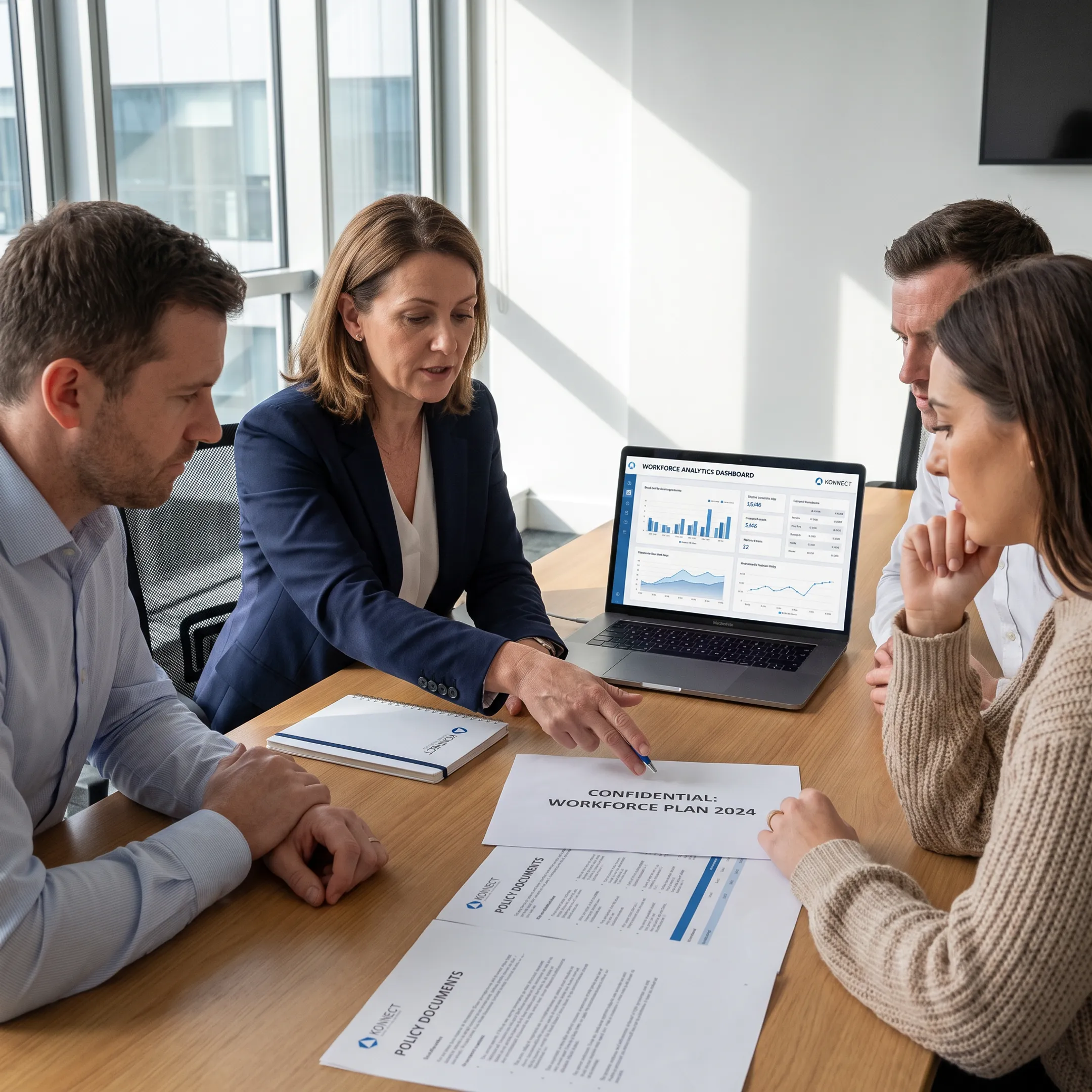 HR consultant discussing workforce strategy with leaders