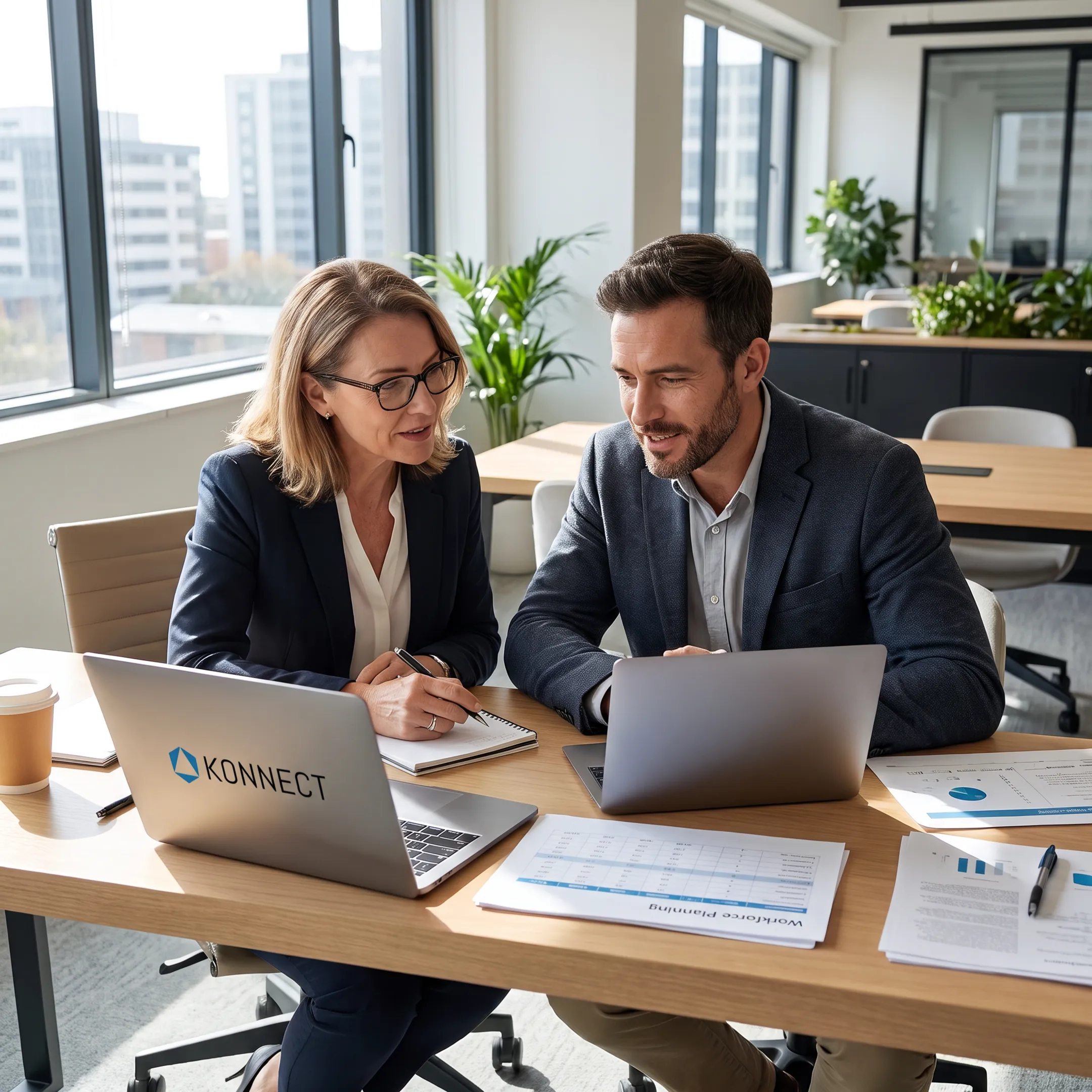 HR professional reviewing talent sourcing strategy with a business leader
