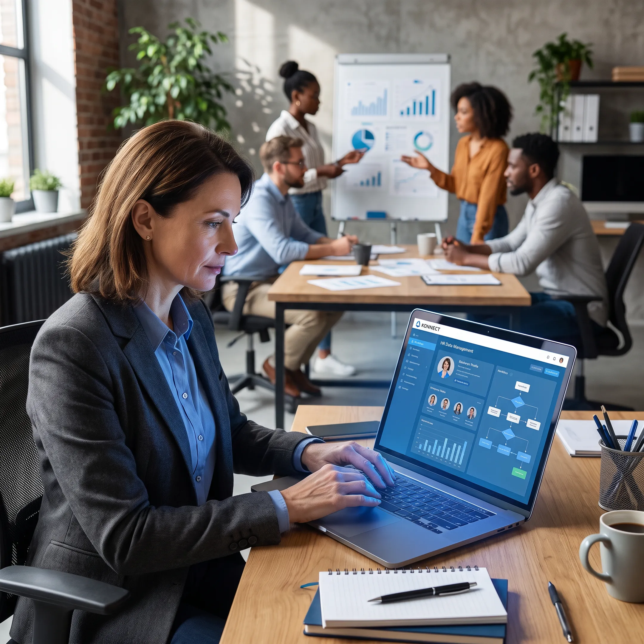 HR professional reviewing digital employee management tools
