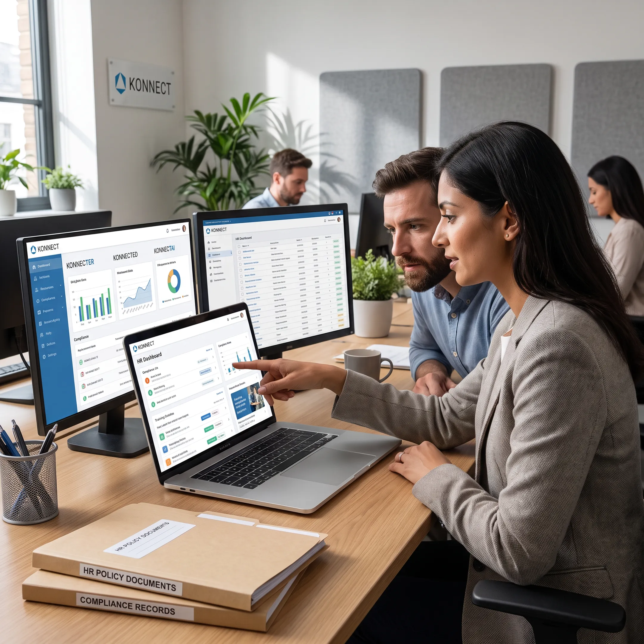 HR leader and employee using connected workplace software