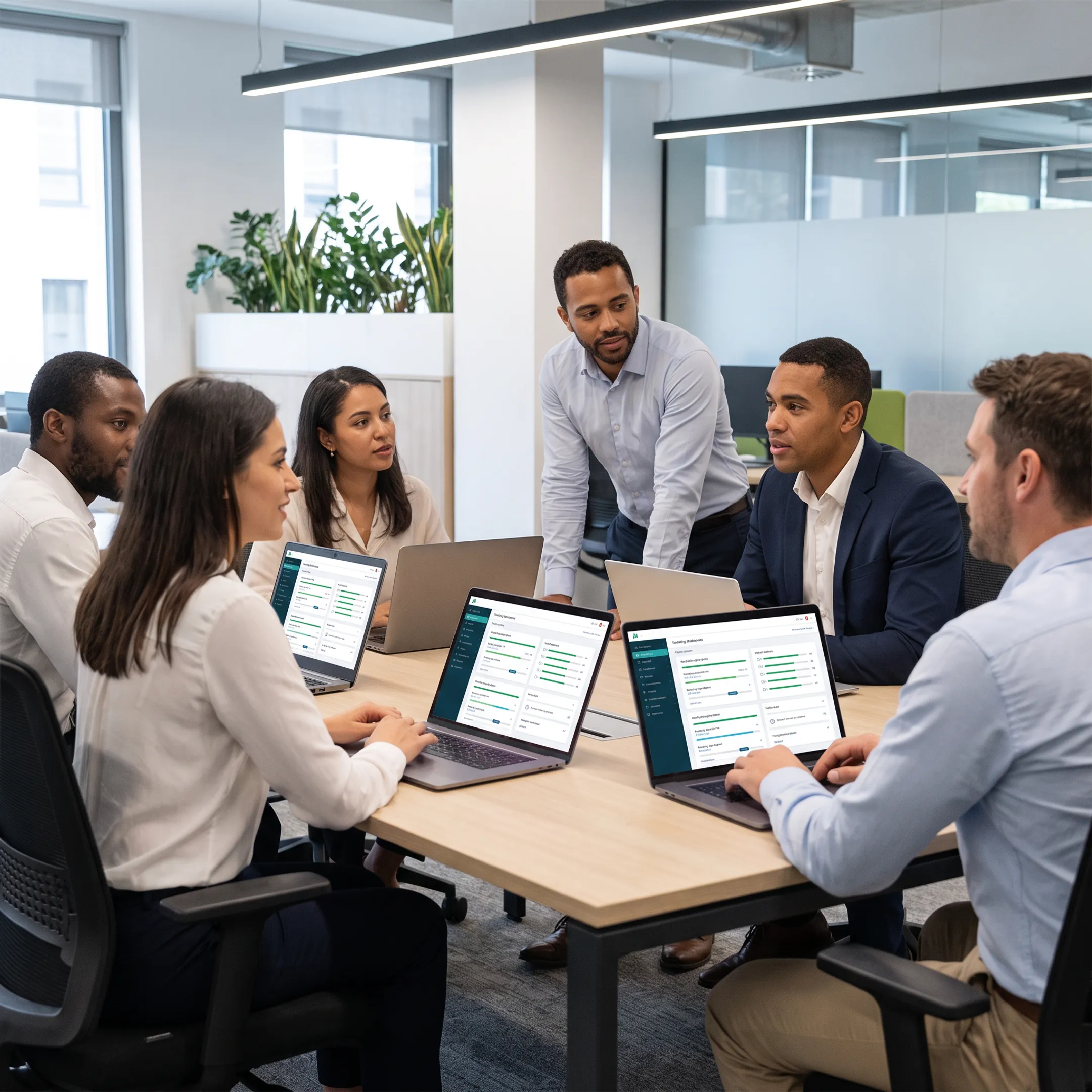 Employees using a digital learning management system
