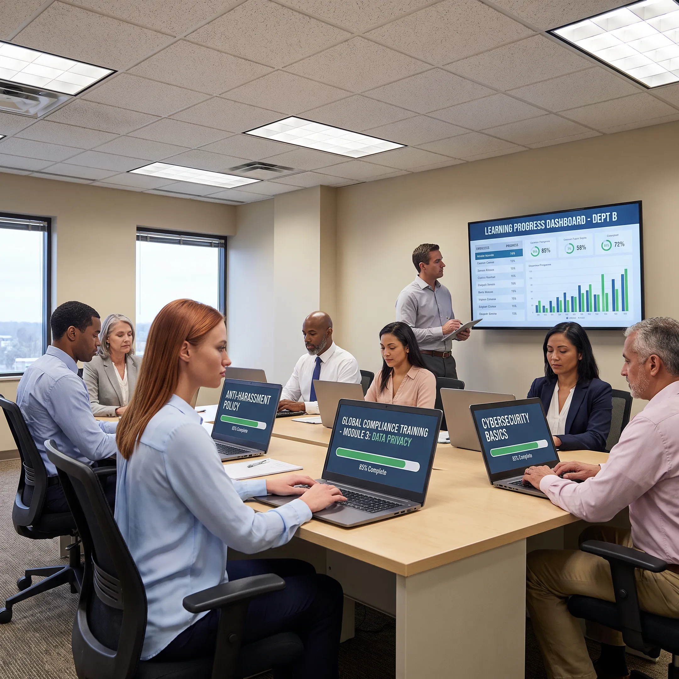 Employees completing online training on a learning platform
