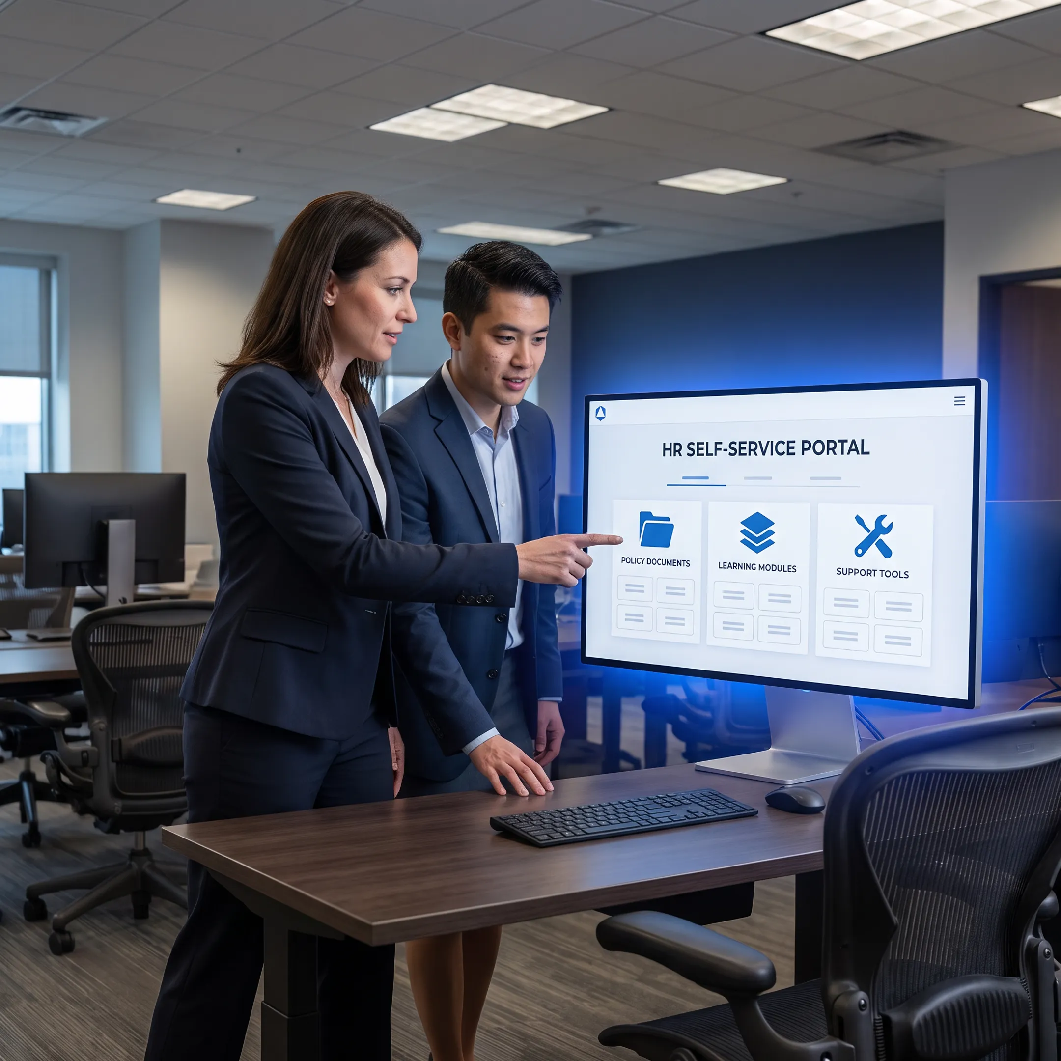 HR professional guiding an employee through a portal