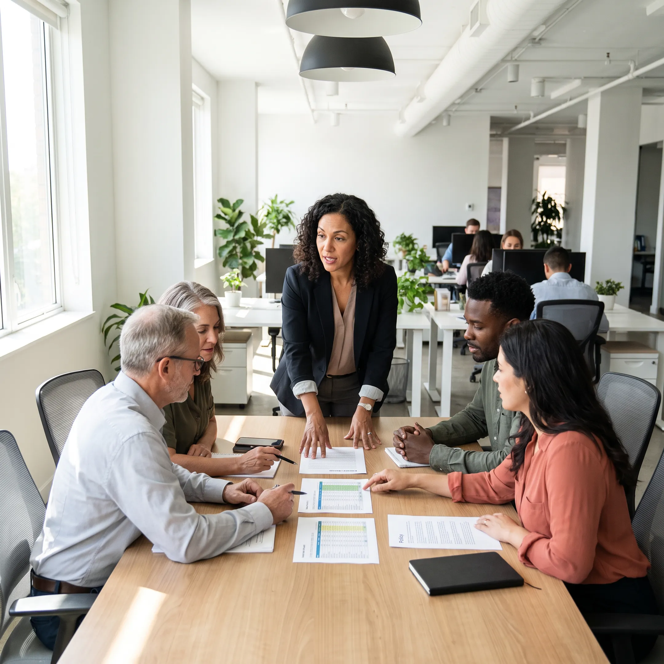 HR professional meeting with employees in a modern office