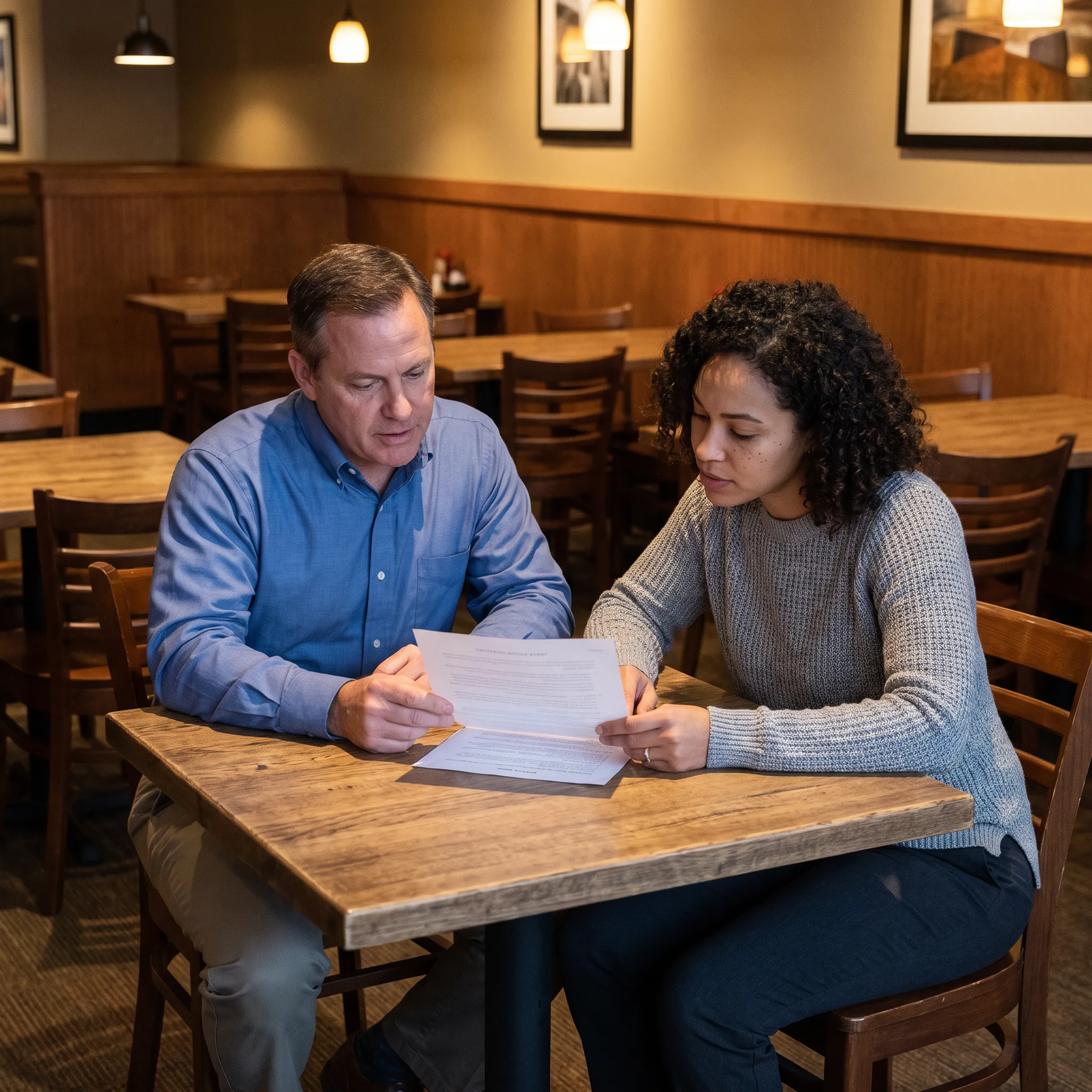 Restaurant leader discussing HR strategy with employee
