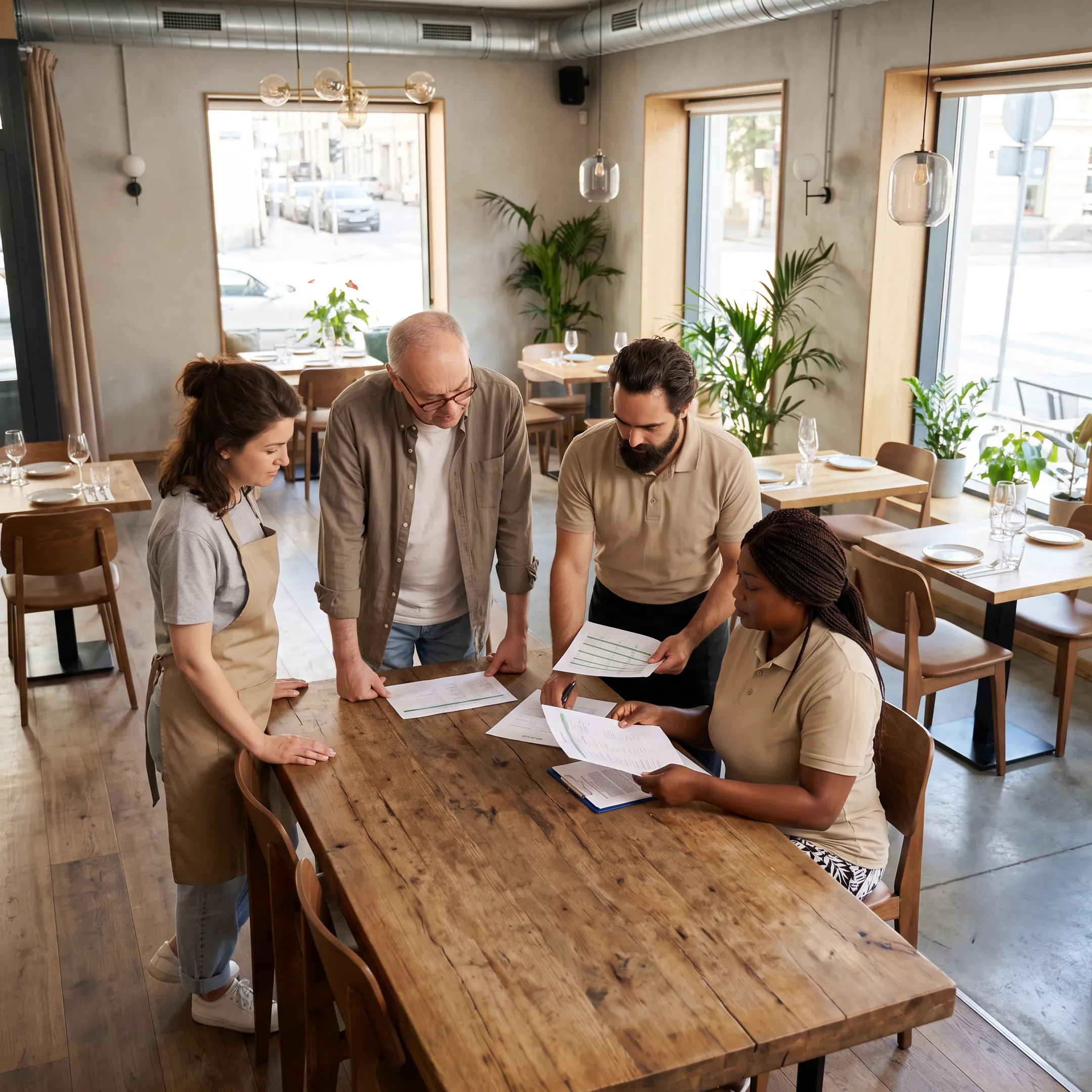Restaurant manager reviewing employee records with team