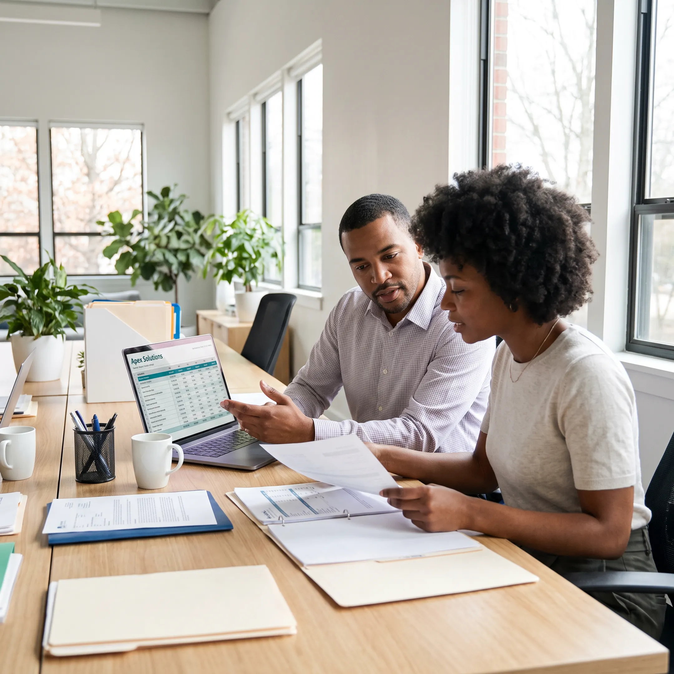 Small business owner reviewing HR documents with an advisor