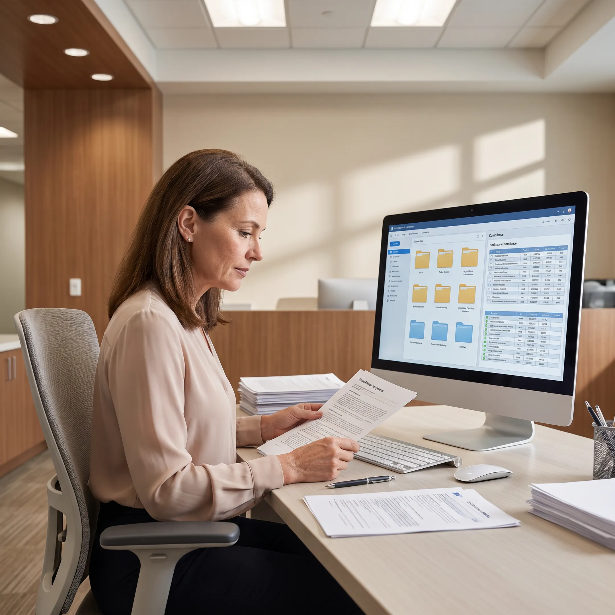 HR professional organizing healthcare compliance records