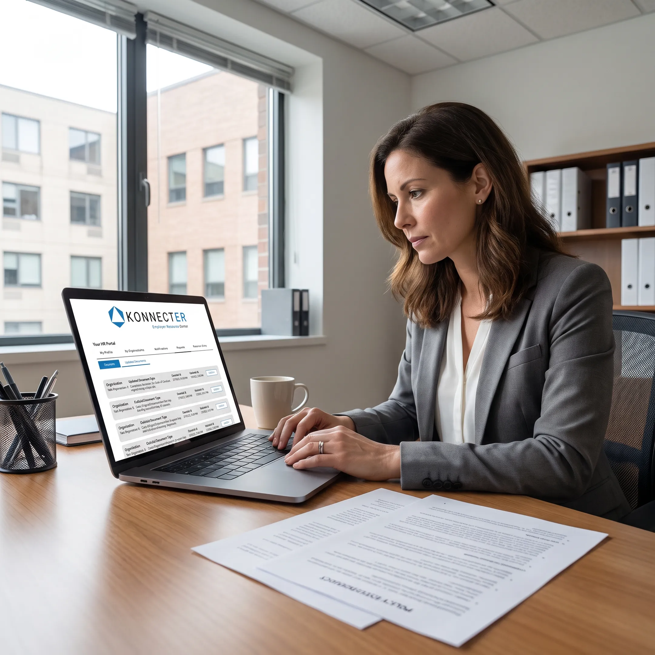 Healthcare administrator reviewing compliance software dashboard