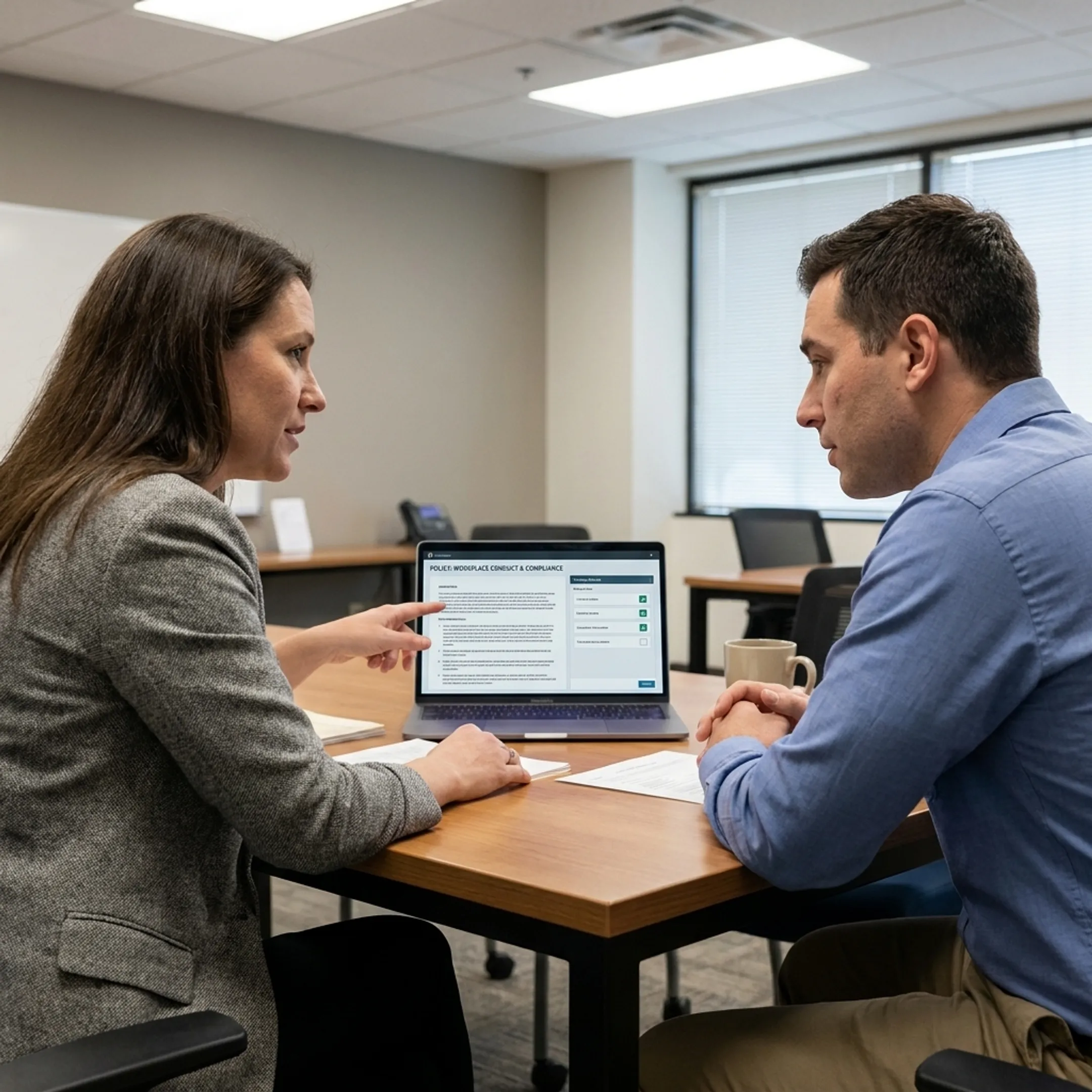 HR professional assisting employee with digital compliance tools