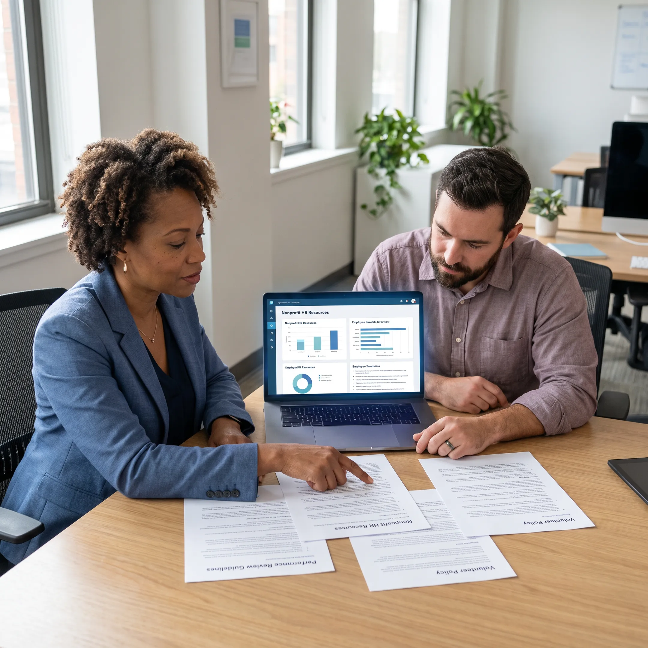 Nonprofit manager reviewing HR software resources