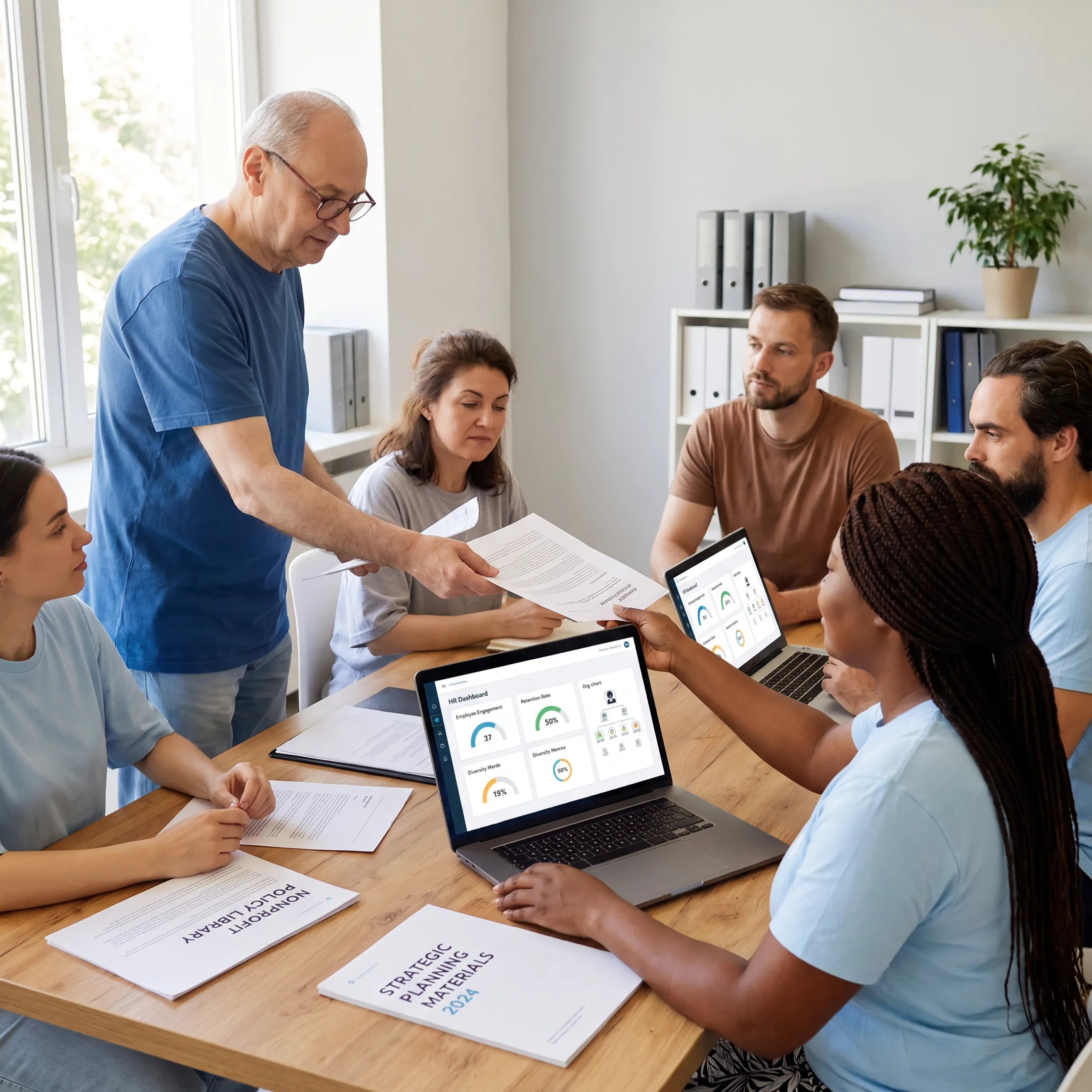 Nonprofit team collaborating with HR software on laptops