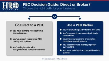 Go direct versus use PEO broker decision guide comparison chart for businesses
