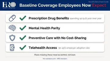 Employee health benefits baseline expectations infographic with telehealth and mental health coverage