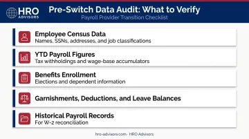 Pre-switch PEO data audit checklist covering payroll benefits and employee records