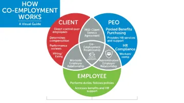 Professional employer organization co-employment model diagram showing shared responsibilities