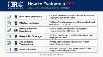 Six-criteria PEO evaluation checklist infographic for selecting the right provider