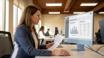 HR compliance manager reviewing ACA employee hours tracking data on desktop