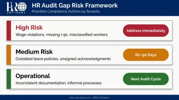 Three-tier nonprofit HR audit risk level prioritization framework with action timelines
