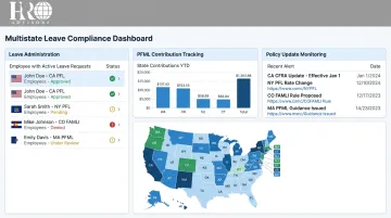 PEO multistate leave compliance services dashboard showing jurisdiction tracking and PFML contribution management