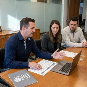 Advisor reviewing PEO comparison with tech founders