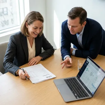 Small business owner reviewing payroll reports