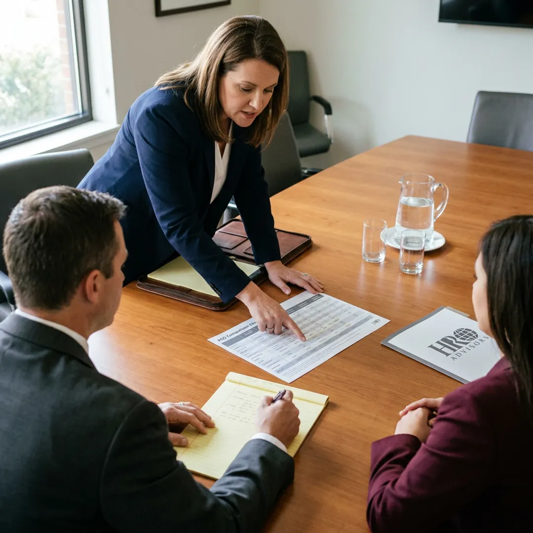 Advisor comparing HR provider options with executives