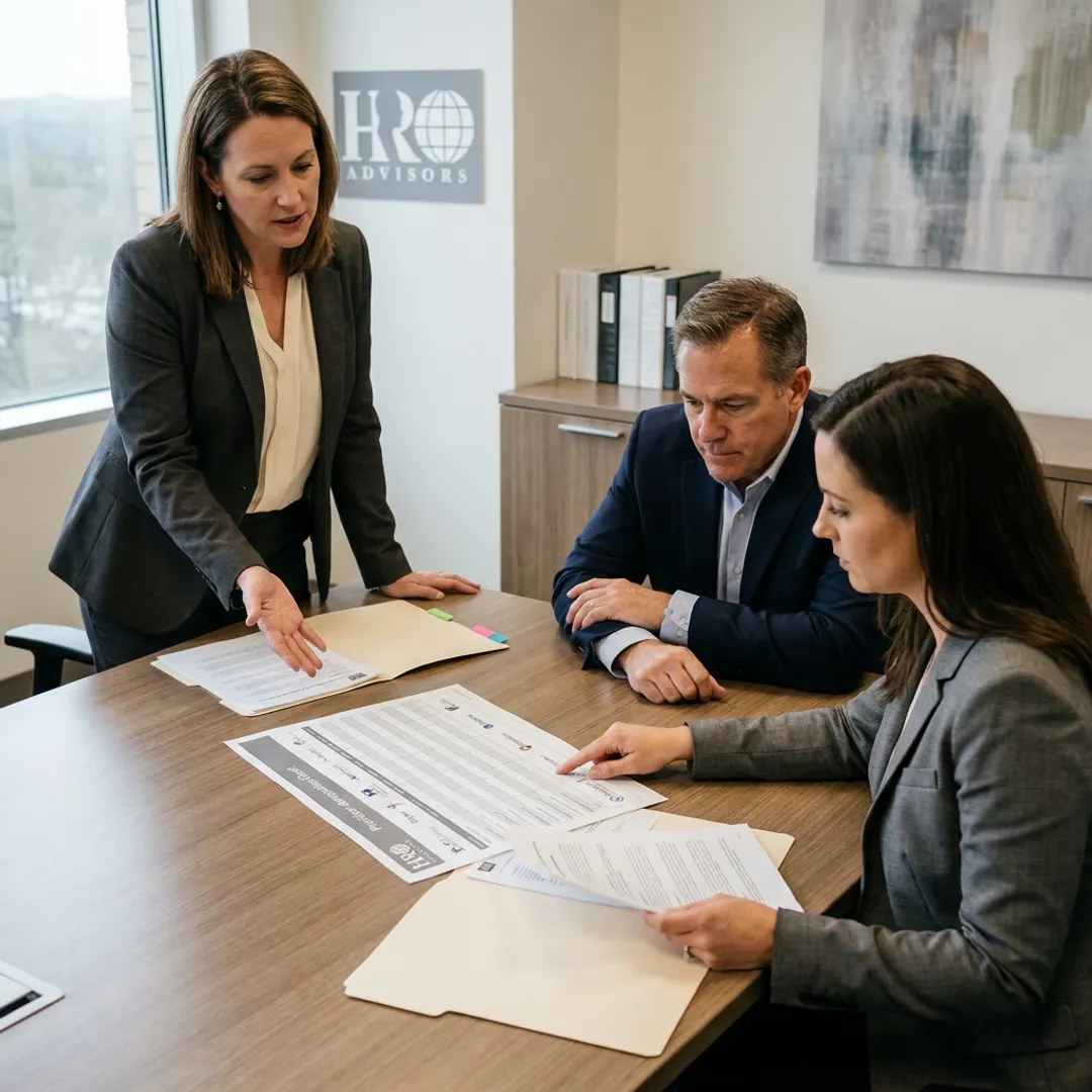 HR advisor reviewing compliance options with business leaders