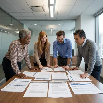 Financial services team reviewing HR solutions