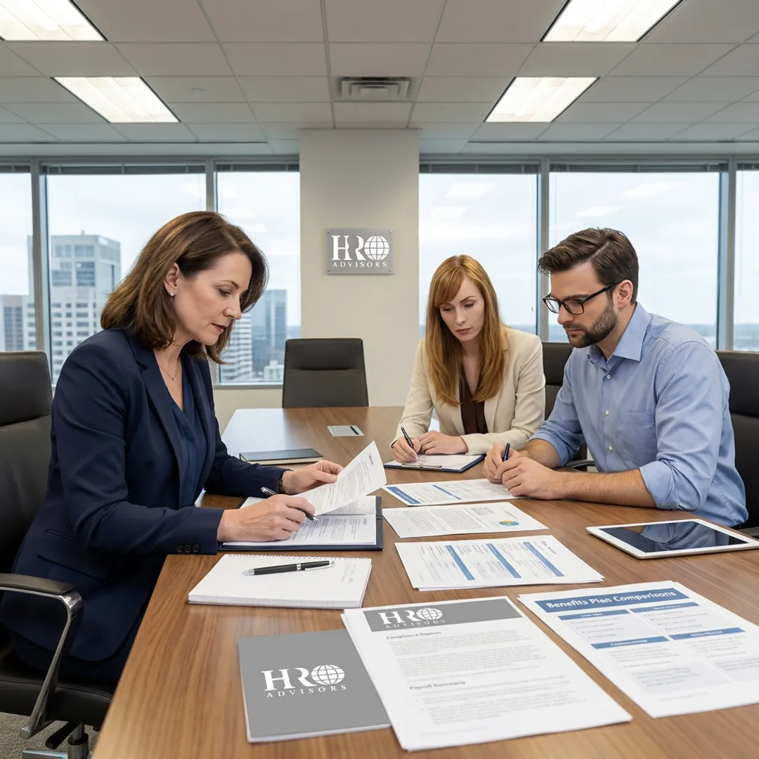 HR advisor reviewing compliance documents with financial firm leaders