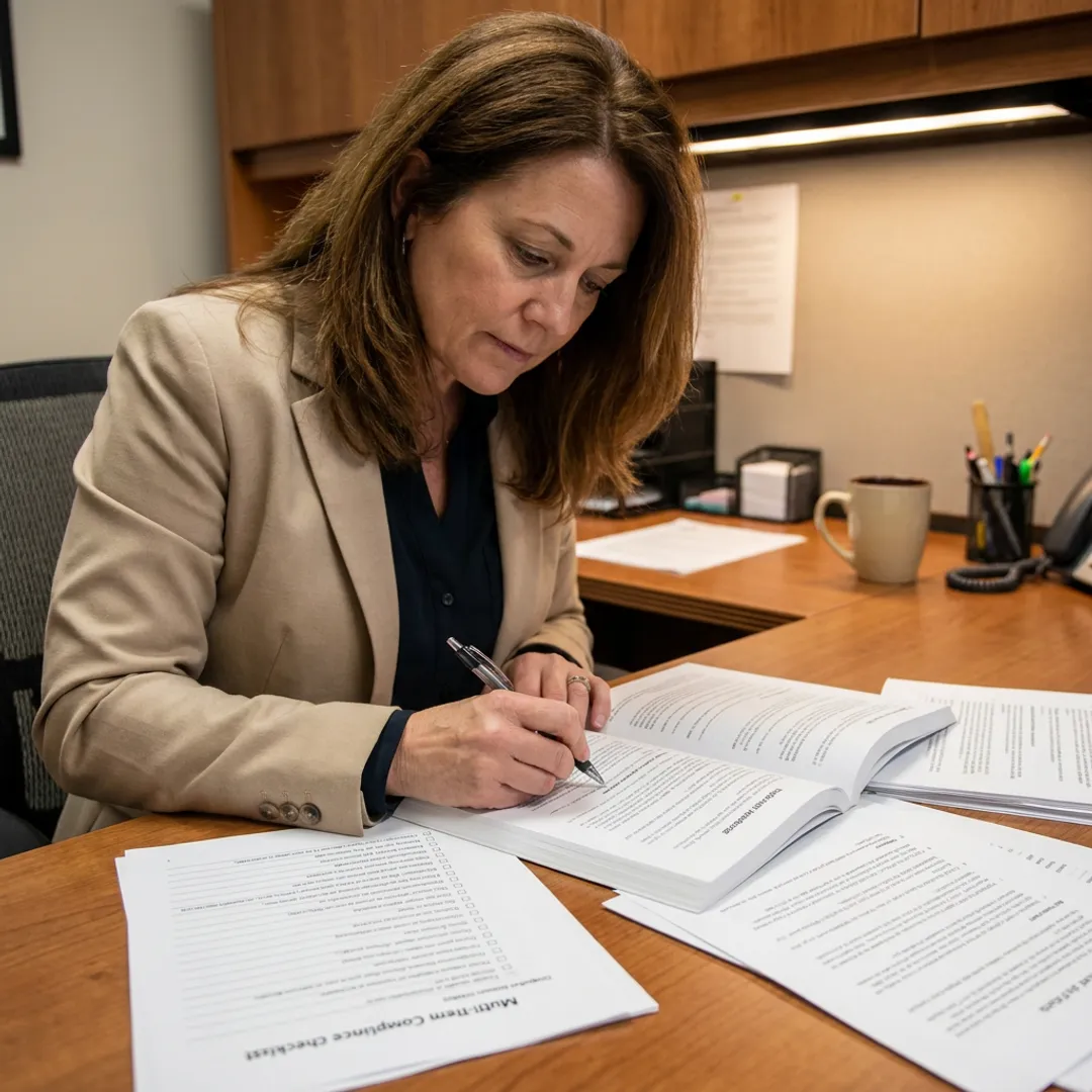 HR consultant reviewing employee handbook policies