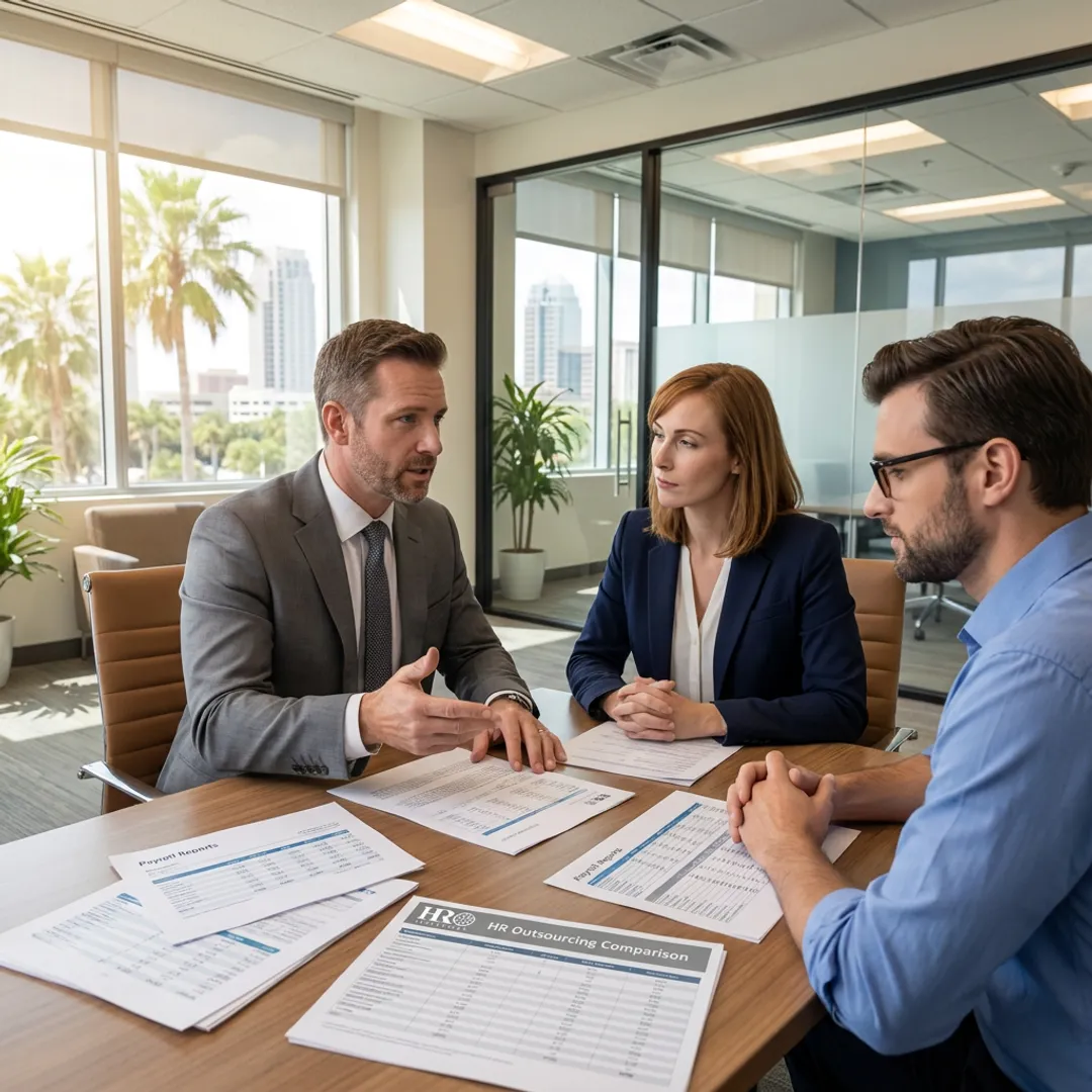 Advisor comparing HR outsourcing options with business owners