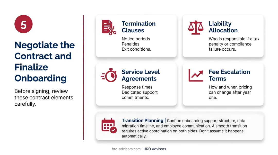 PEO contract review checklist covering four critical negotiation elements before signing