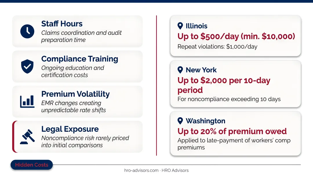 State workers compensation noncompliance penalty comparison Illinois New York Washington infographic