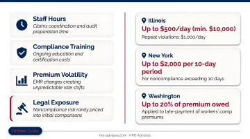 State workers compensation noncompliance penalty comparison Illinois New York Washington infographic