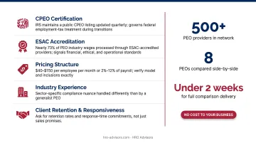 PEO evaluation criteria checklist with pricing accreditation and certification factors