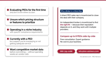 Go direct versus use PEO broker decision guide comparison chart for businesses