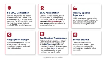 Six-criteria PEO evaluation checklist infographic for selecting the right provider