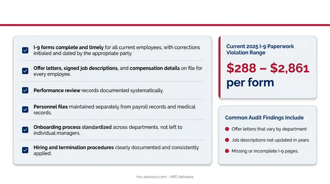 I-9 compliance and employee onboarding file requirements audit checklist infographic